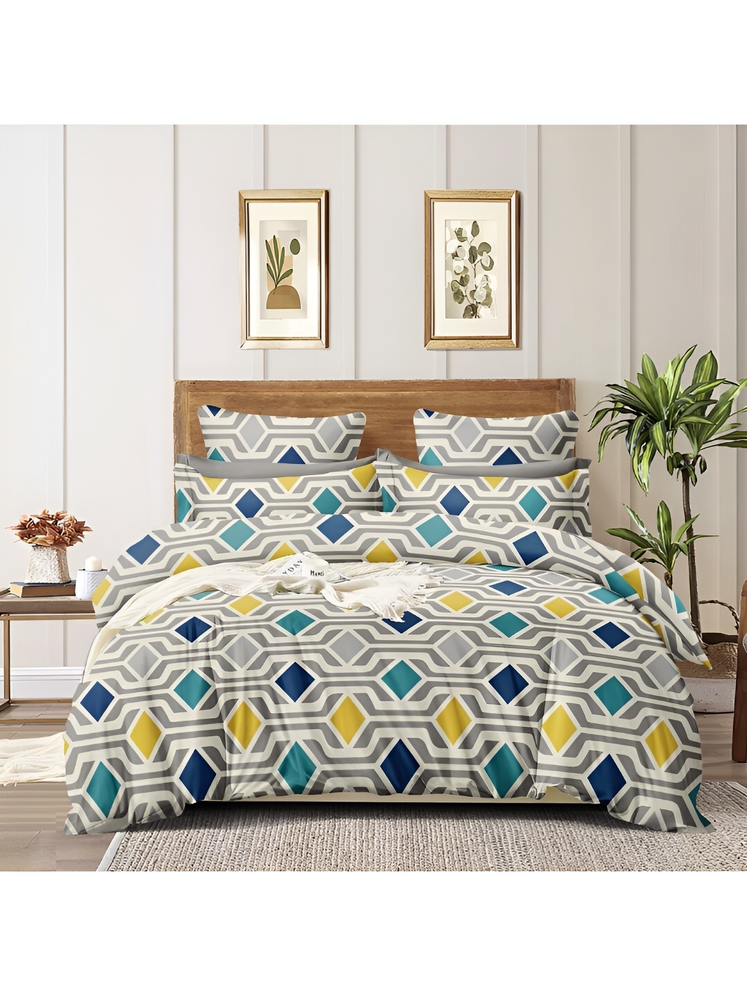 INDHOME LIFE Grey Geometric 210 TC Cotton Fitted Queen Bedsheet With 2 Pillow Covers
