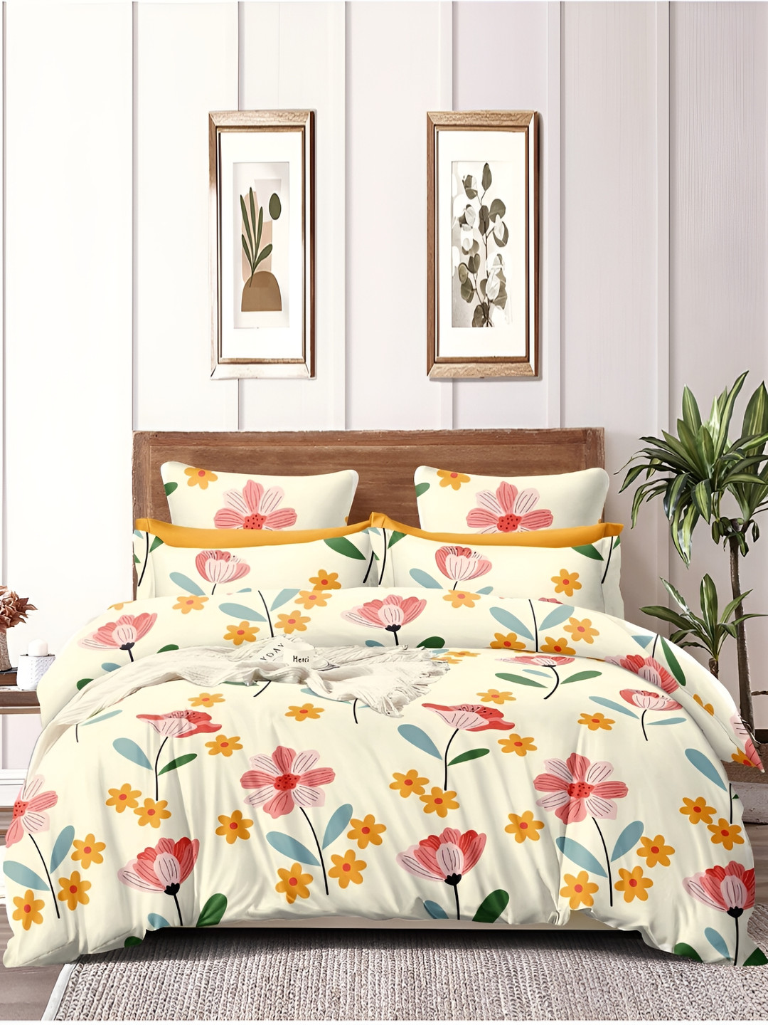 

INDHOME LIFE Cream Orange Floral 210 TC Cotton Fitted Queen Bedsheet With 2 Pillow Covers