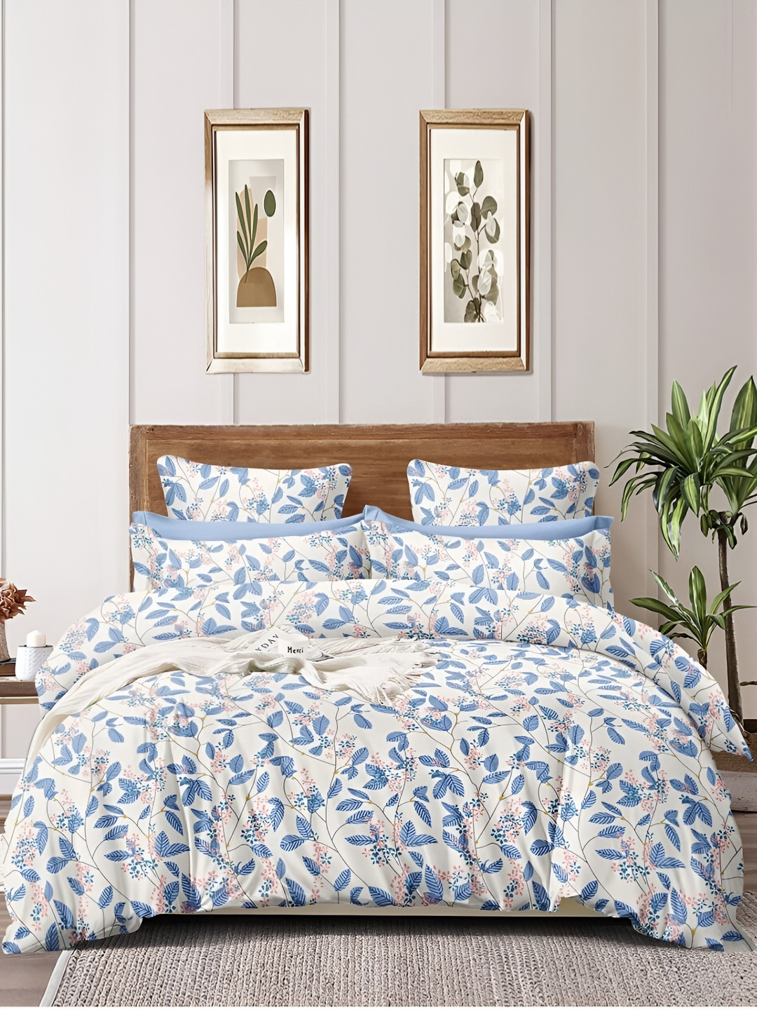

INDHOME LIFE Blue & White Floral 210 TC Cotton Fitted Queen Bedsheet With 2 Pillow Covers