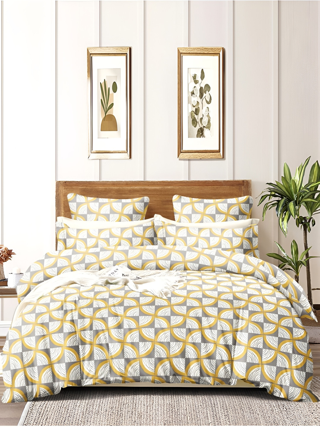 

INDHOME LIFE Yellow Abstract 210 TC Cotton Fitted Queen Bedsheet With 2 Pillow Covers