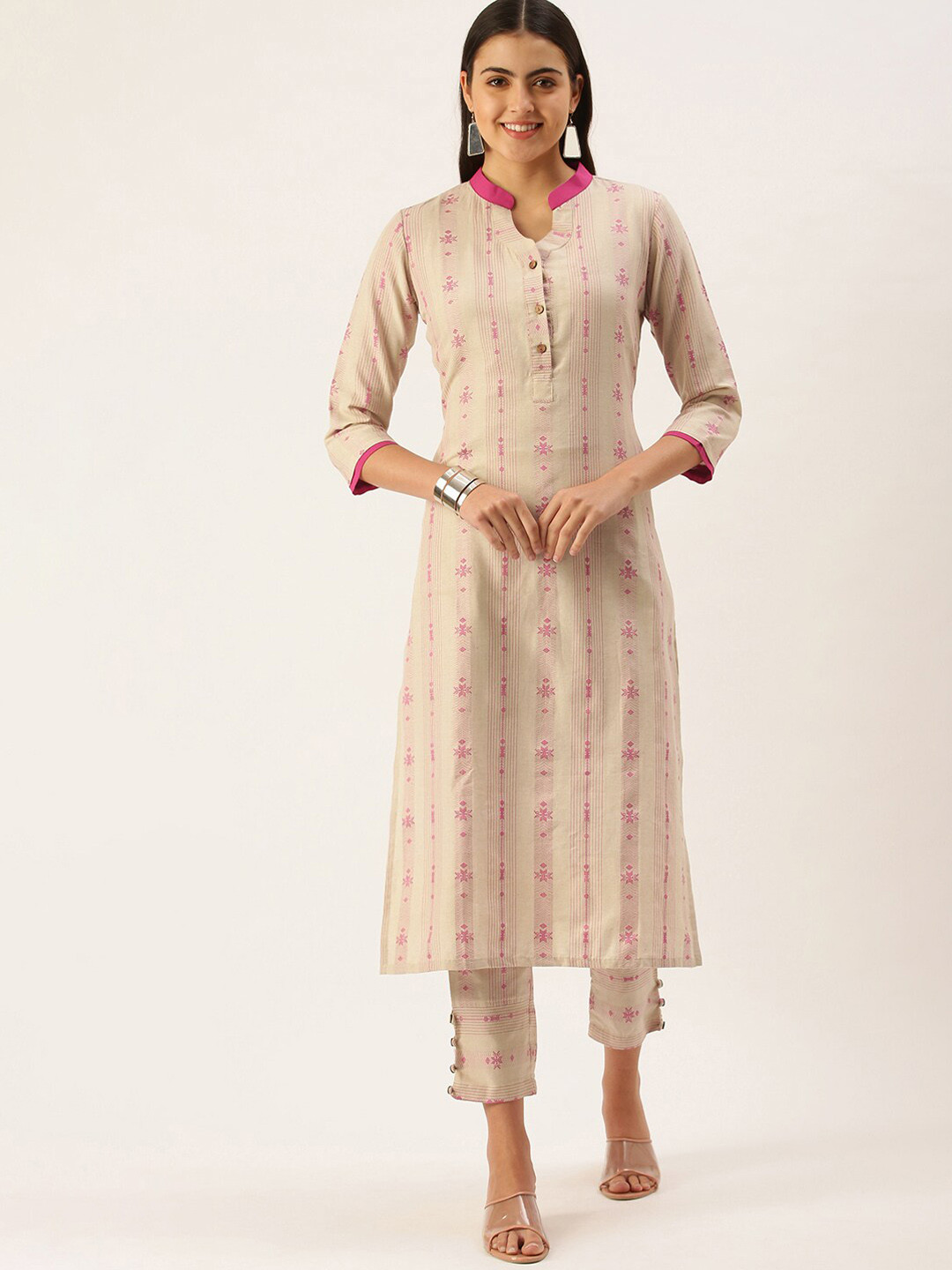 

Saanjh Beige Woven Design Straight Kurta with Trousers