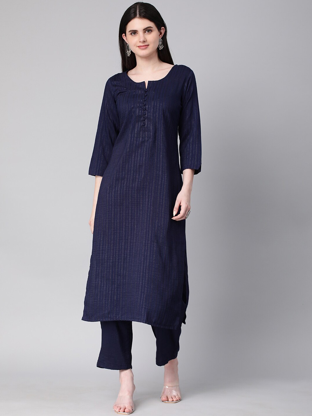 

Saanjh Navy Blue Striped Straight Kurta with Trousers
