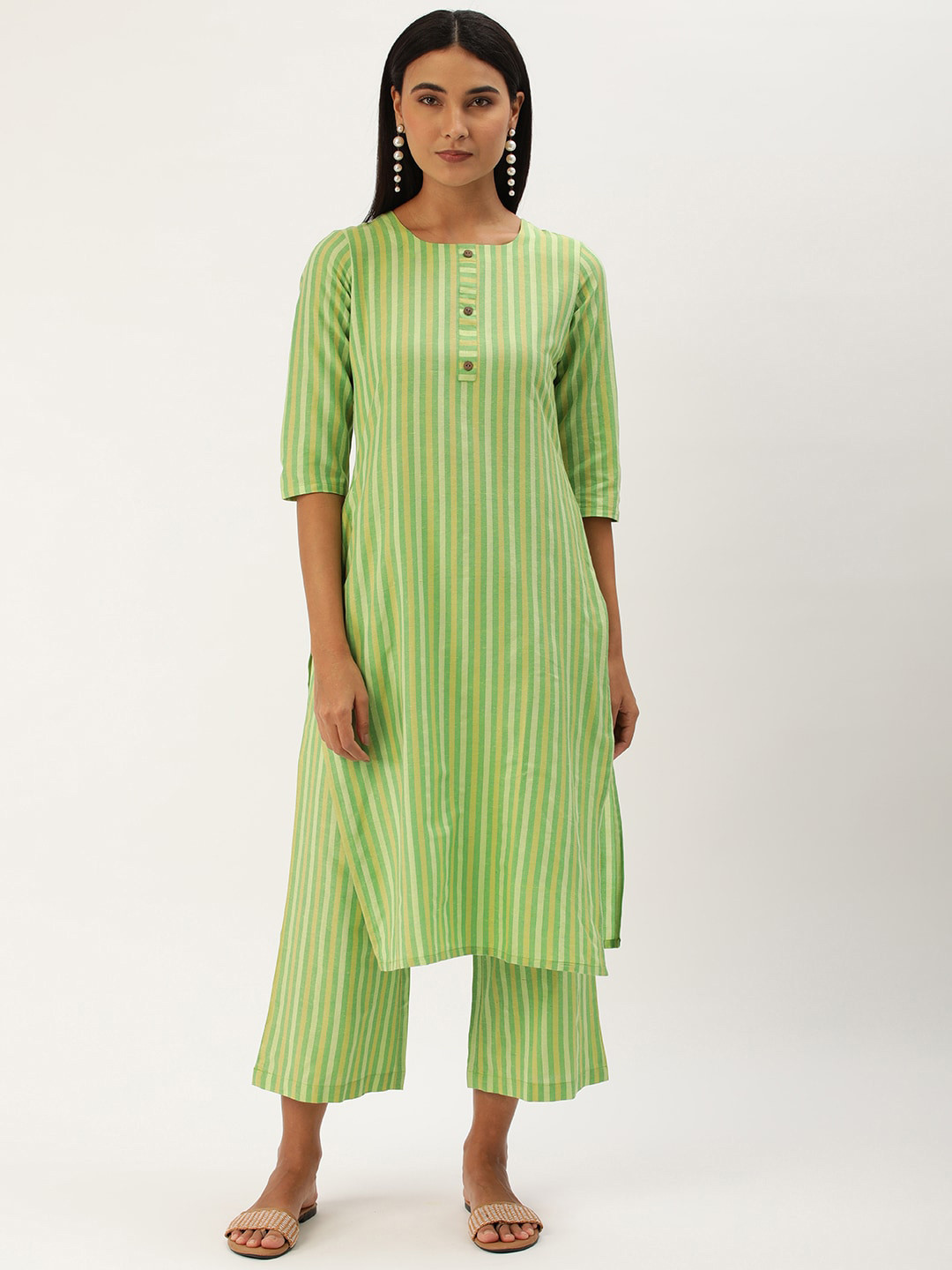 

Saanjh Green Striped Straight Kurta with Trousers