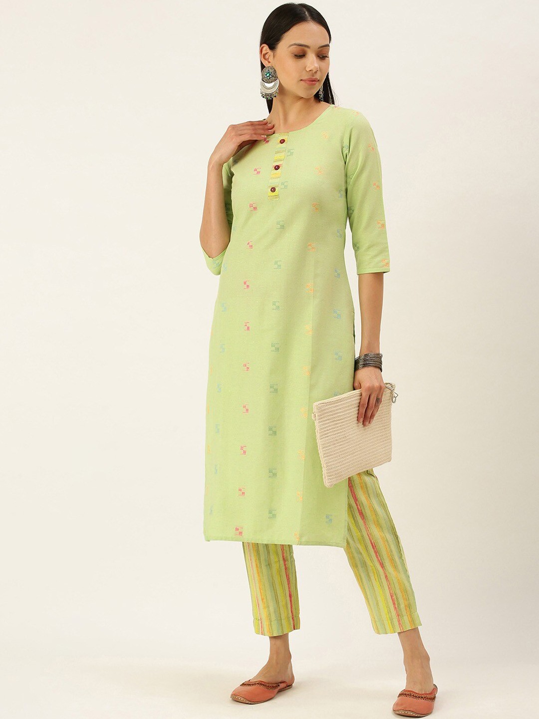 

Saanjh Green Geometric Woven Design Straight Kurta with Trousers