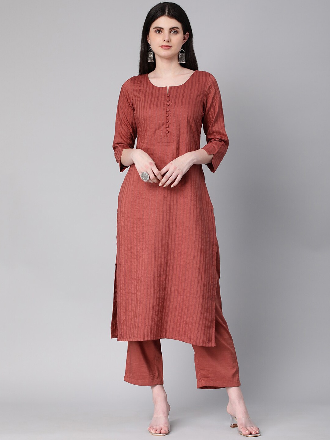 

Saanjh Rust Striped Straight Kurta with Trousers