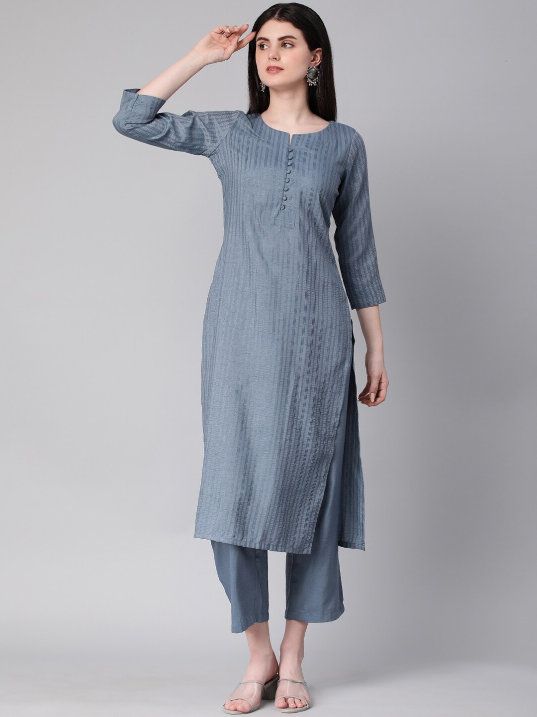 

Saanjh Grey Striped Straight Kurta with Trousers