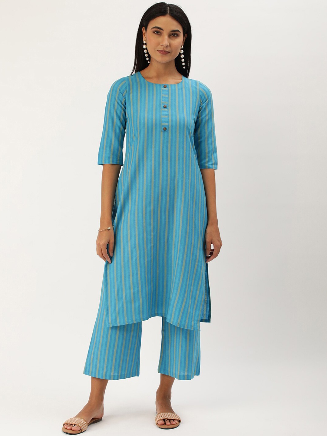 

Saanjh Blue Striped Straight Kurta with Trousers