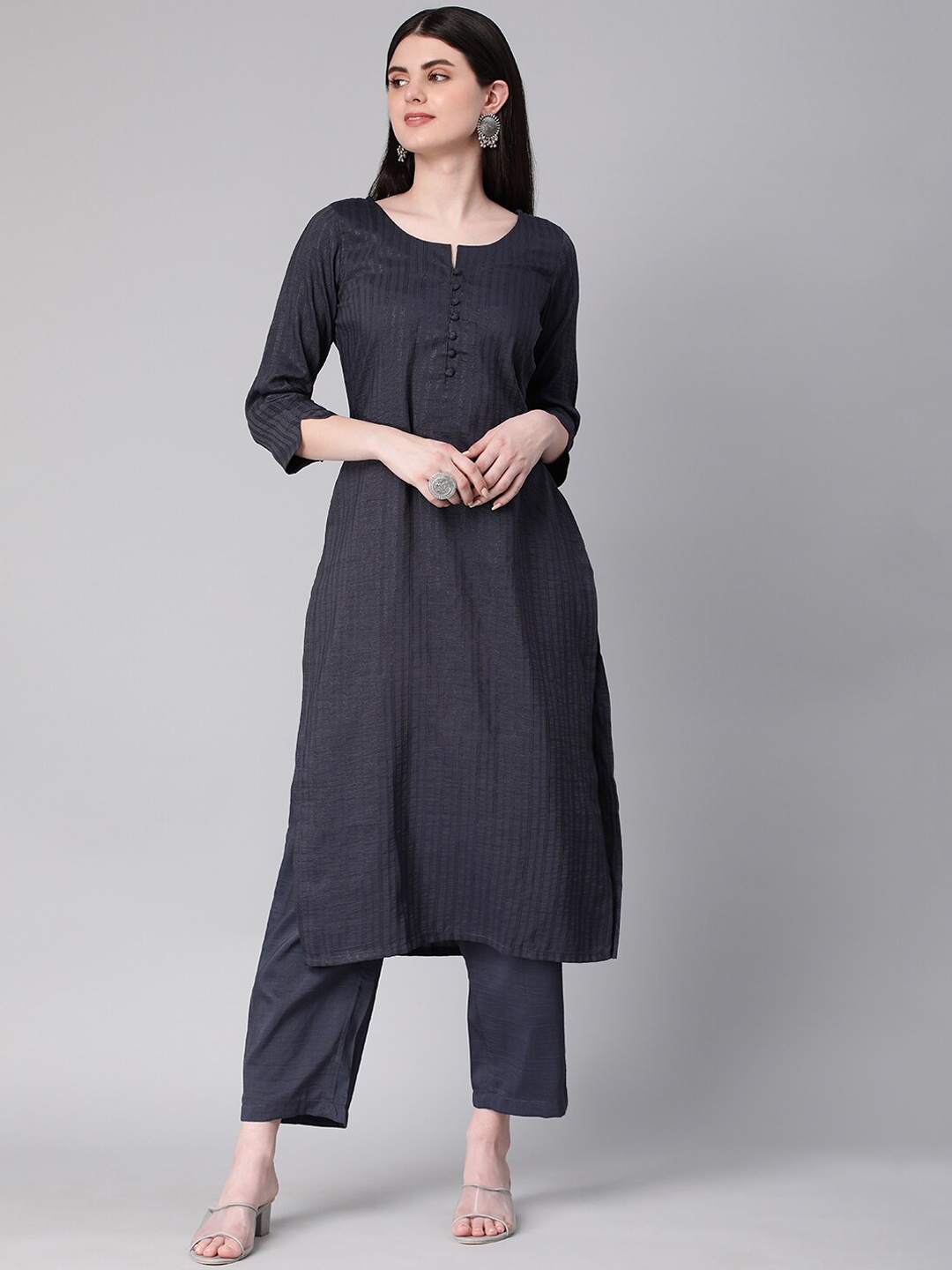 

Saanjh Teal Striped Straight Kurta with Trousers