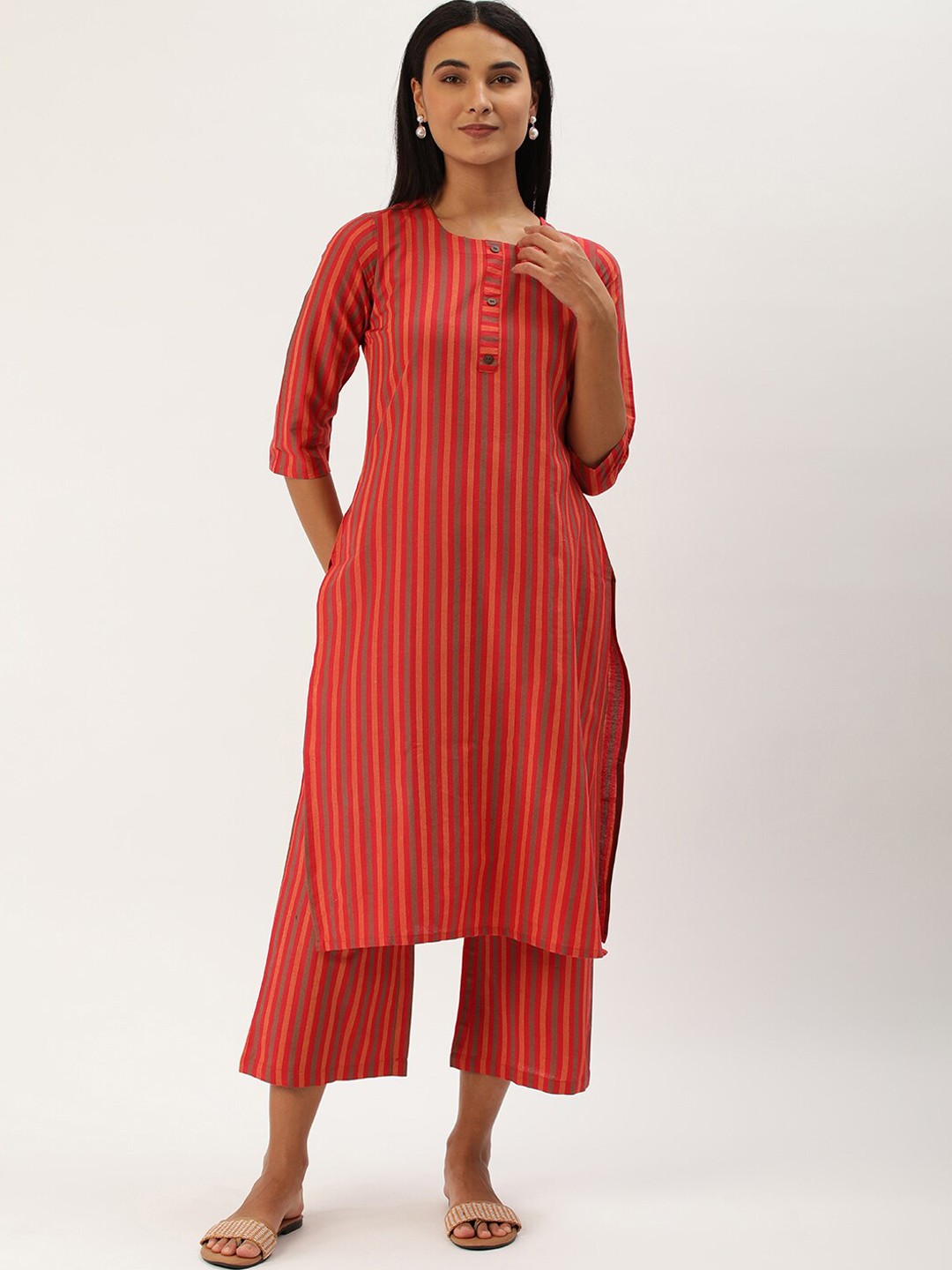 

Saanjh Red Striped Straight Kurta with Palazzos