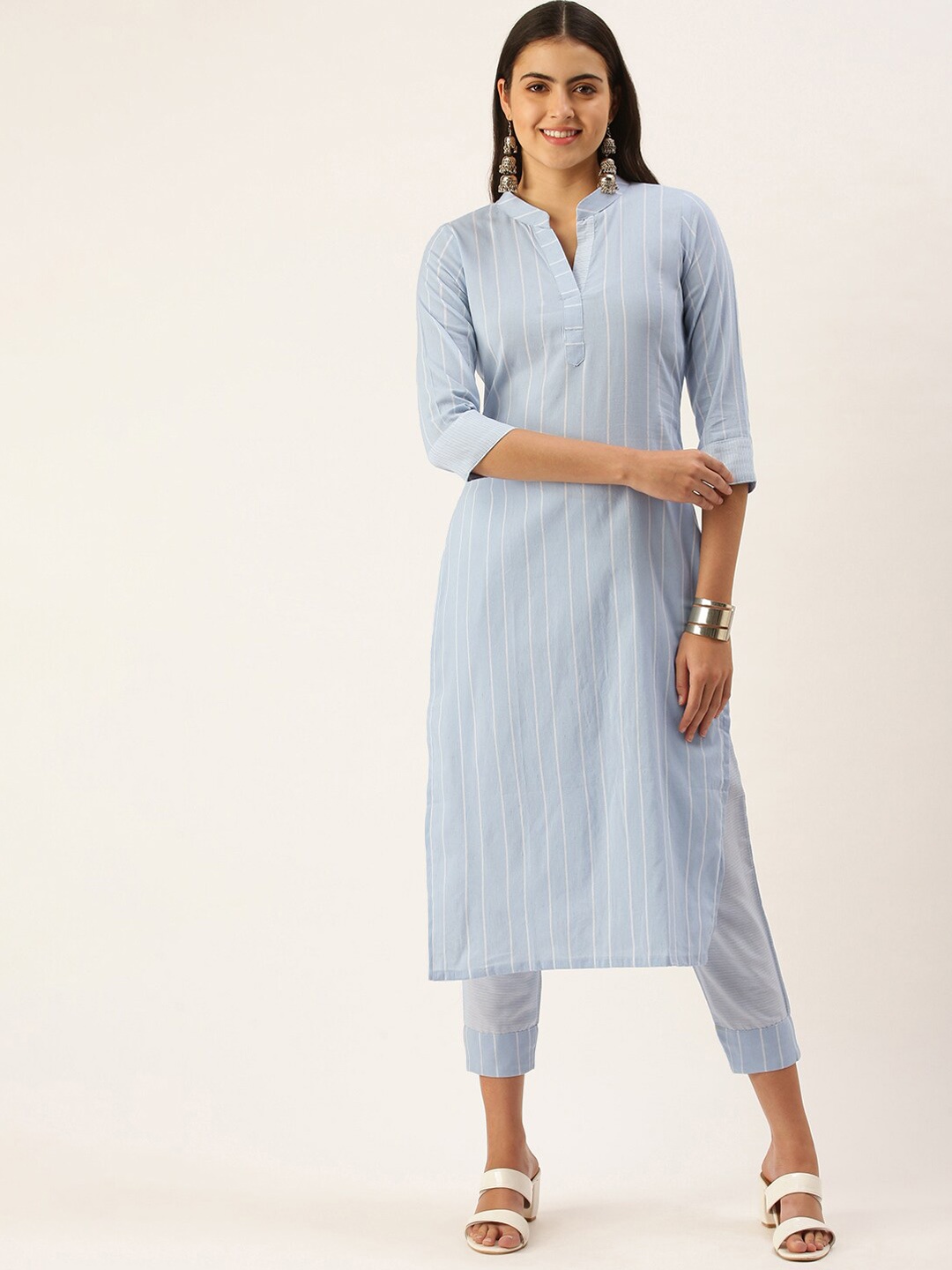 

Saanjh Blue Striped Straight Kurta with Trousers