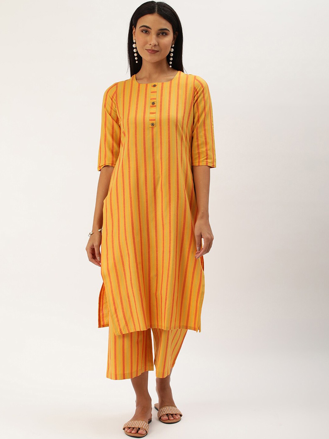 

Saanjh Yellow Striped Straight Kurta with Trousers
