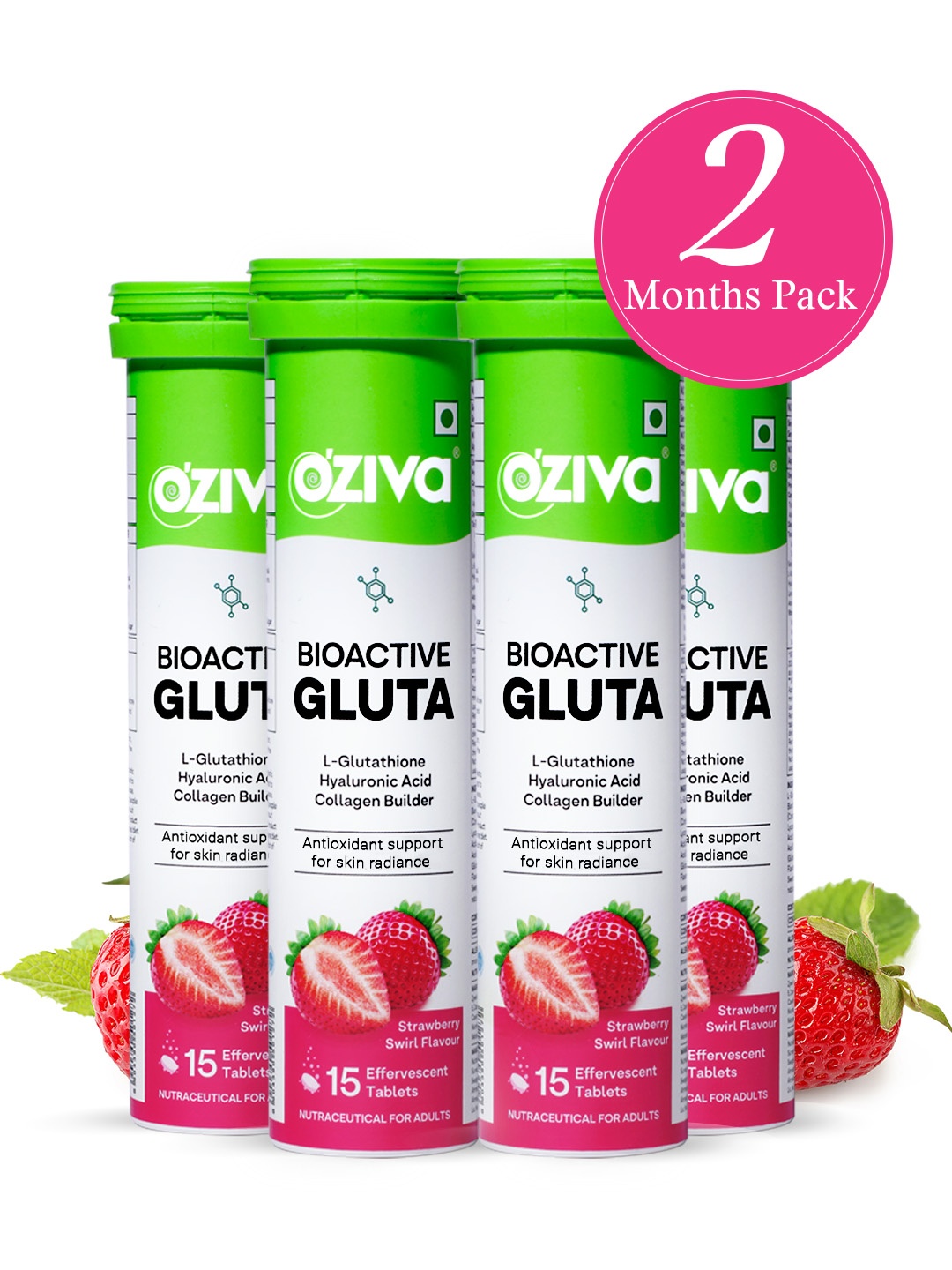 

OZiva 4-Pcs Bioactive Gluta Fizzy Tablets For Skin Radiance-Strawberry Swirl - 15Pcs Each, Green