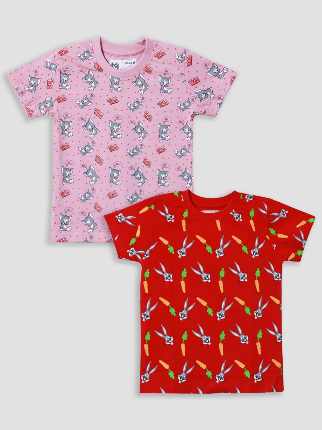 

Minute Mirth Boys Pack of 2 Tom & Looney Tunes Graphic Printed Pure Cotton T-shirt, Pink