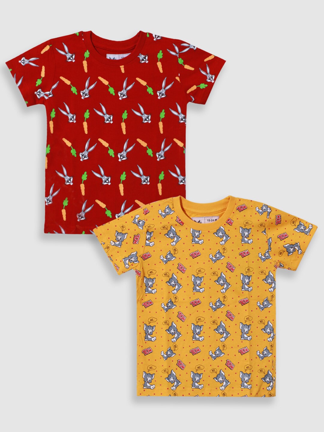 

Minute Mirth Boys Pack of 2 Tom & Looney Tunes Graphic Printed Pure Cotton T-shirt, Red