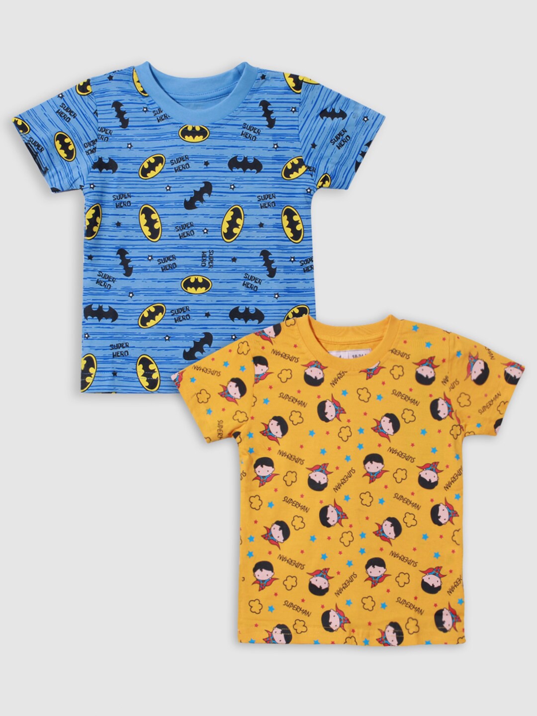 

Minute Mirth Boys Pack Of 2 Superman & Batman Printed Pure Cotton T-shirts, Blue