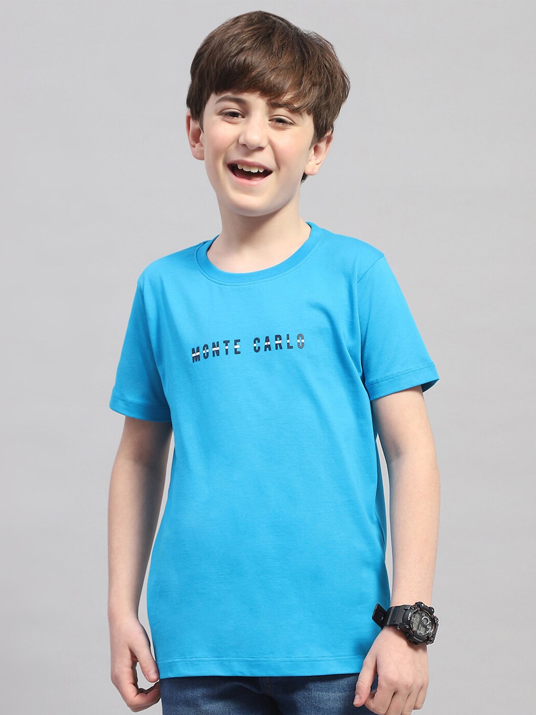

Monte Carlo Boys Round Neck Short Sleeves Typography Printed Pure Cotton T-shirt, Turquoise blue
