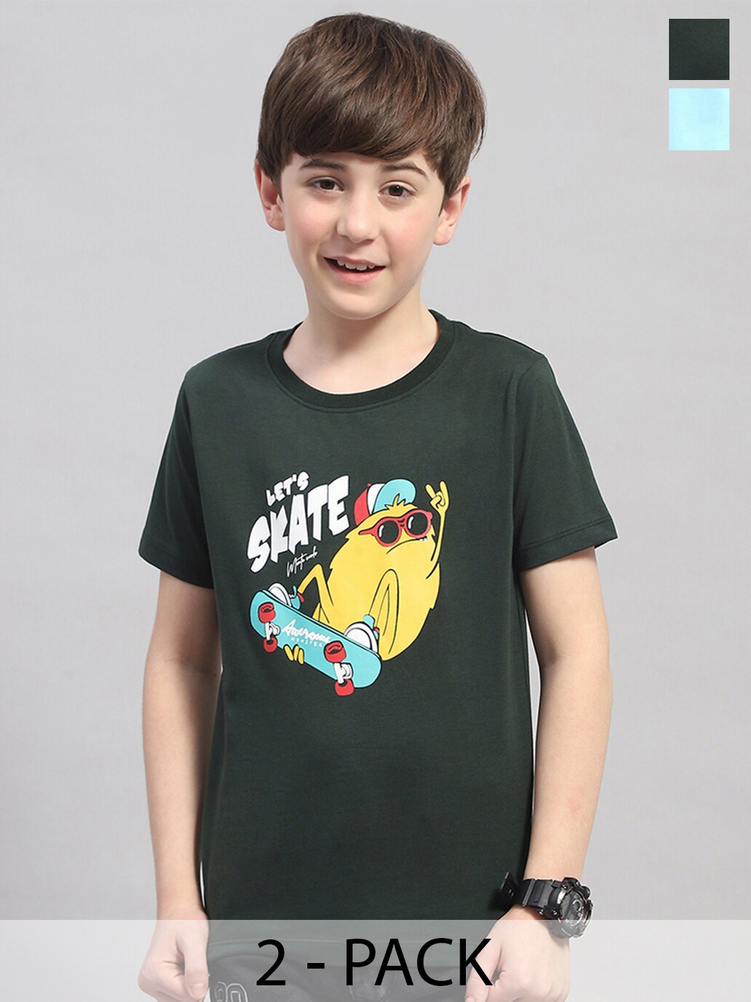 

Monte Carlo Boys Pack Of 2 Printed Pure Cotton T-shirt, Green
