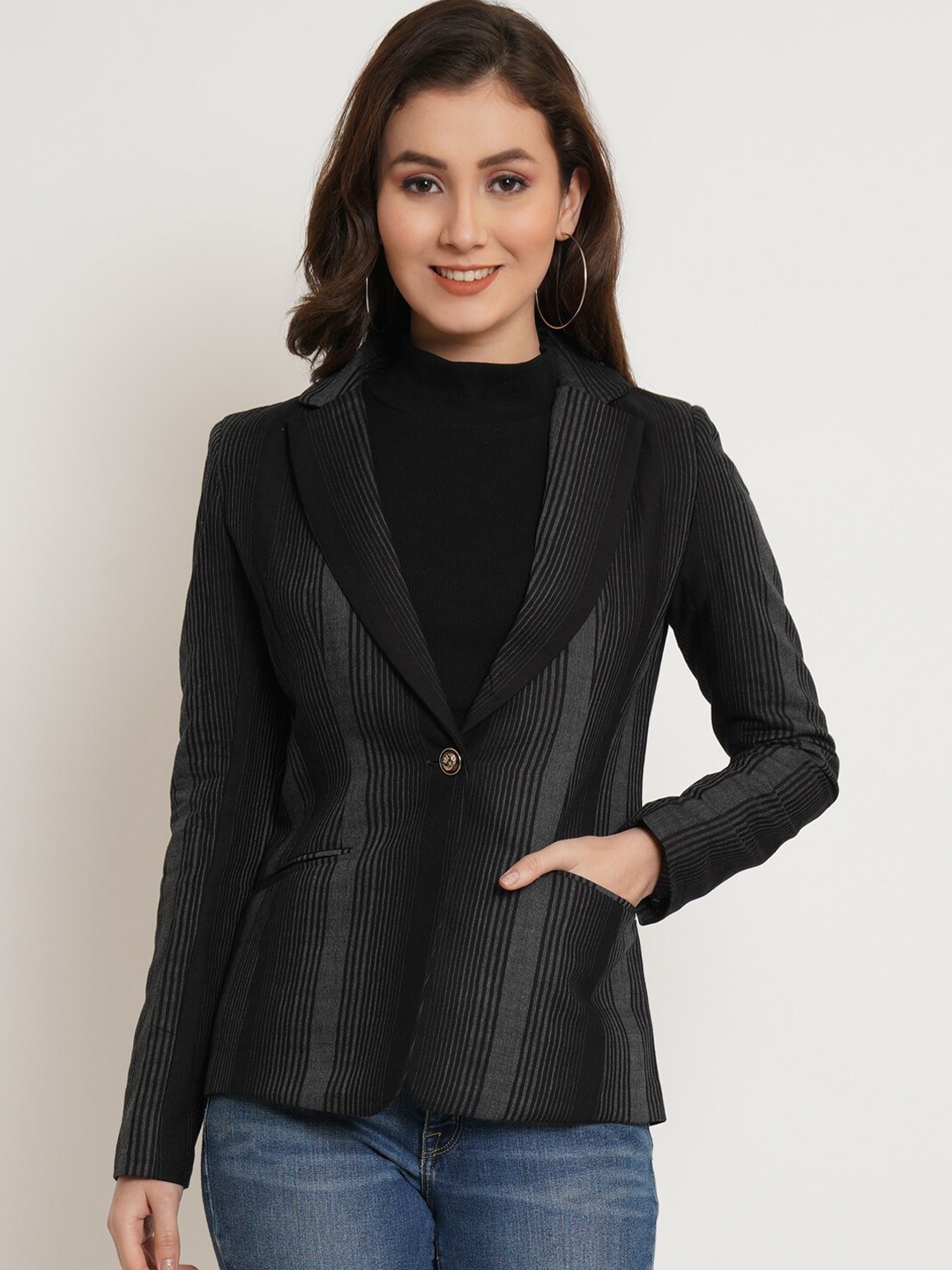 

Purple State Striped Notched Lapel Long Sleeves Pure Cotton Single-Breasted Blazer, Black
