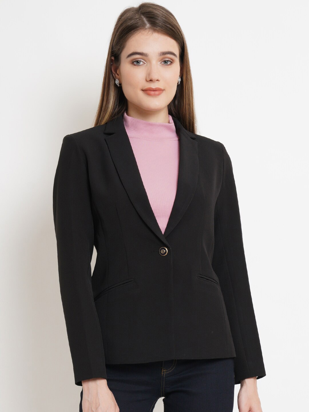 

Purple State Notched Lapel Long Sleeves Single-Breasted Blazer, Black