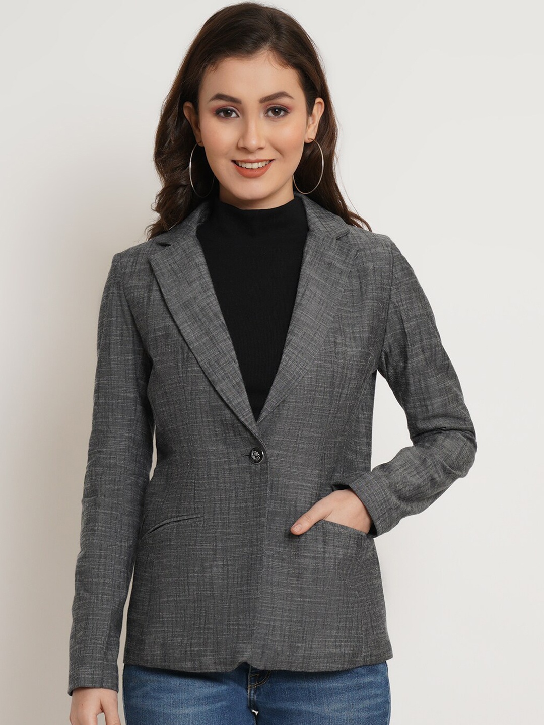 

Purple State Notched Lapel Long Sleeves Single-Breasted Blazer, Grey