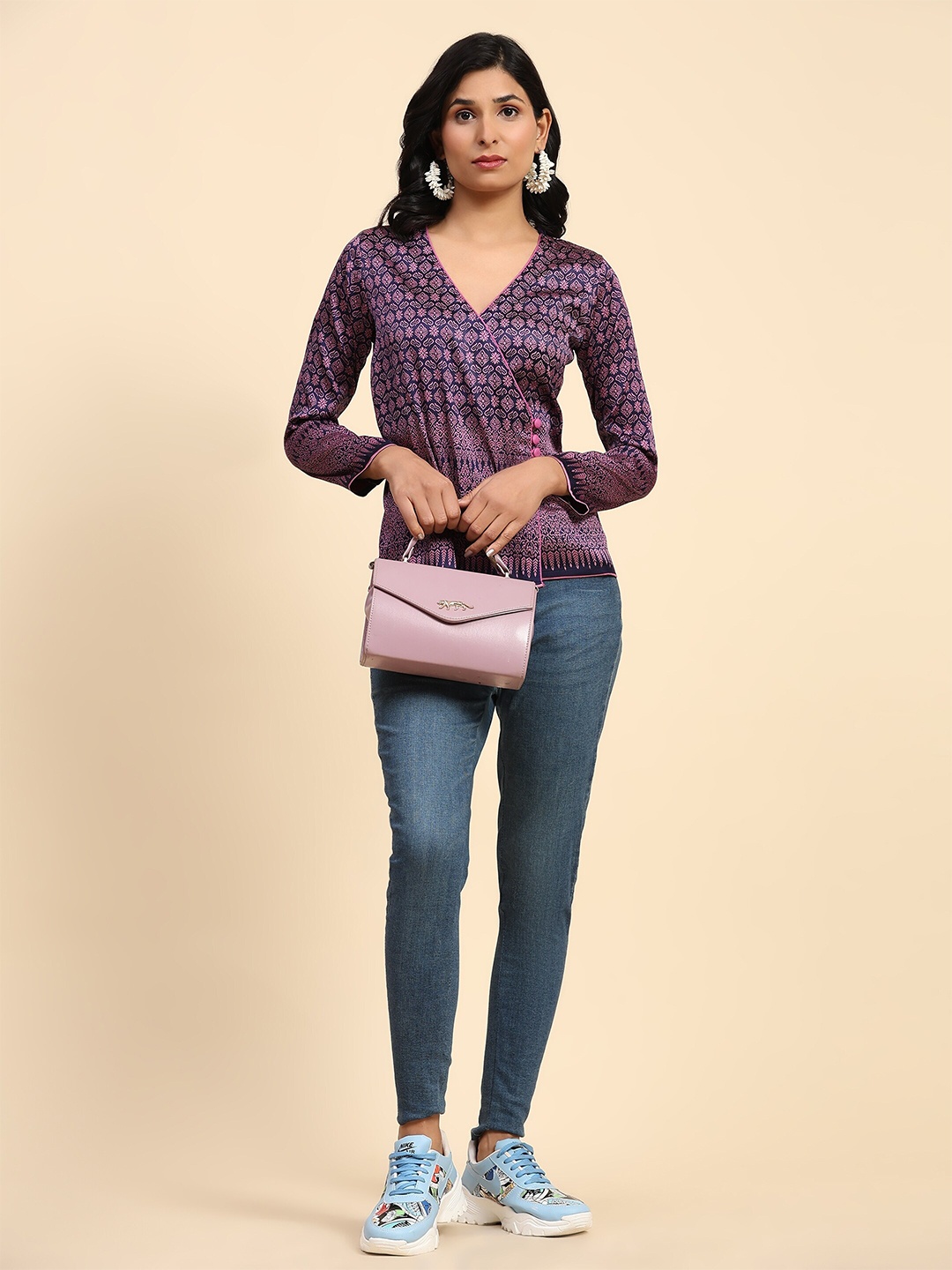 

BAESD Ethnic Motifs Printed V-Neck Top, Purple