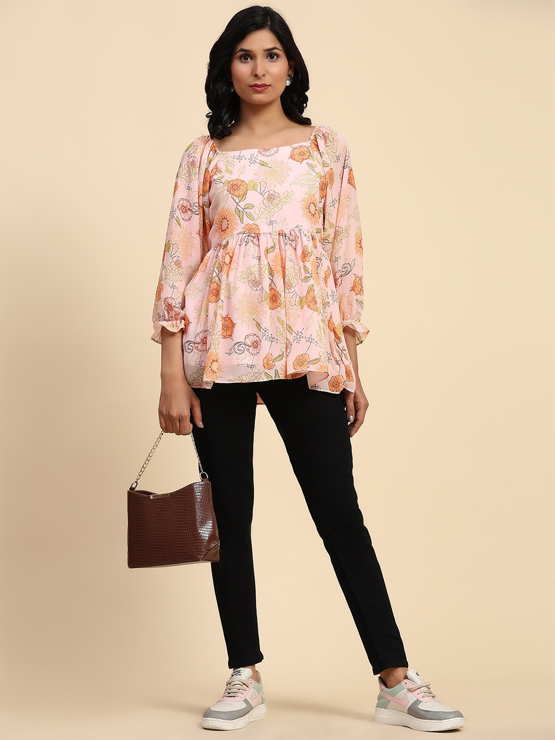 

BAESD Floral Printed Square Neck Georgette Top, Pink