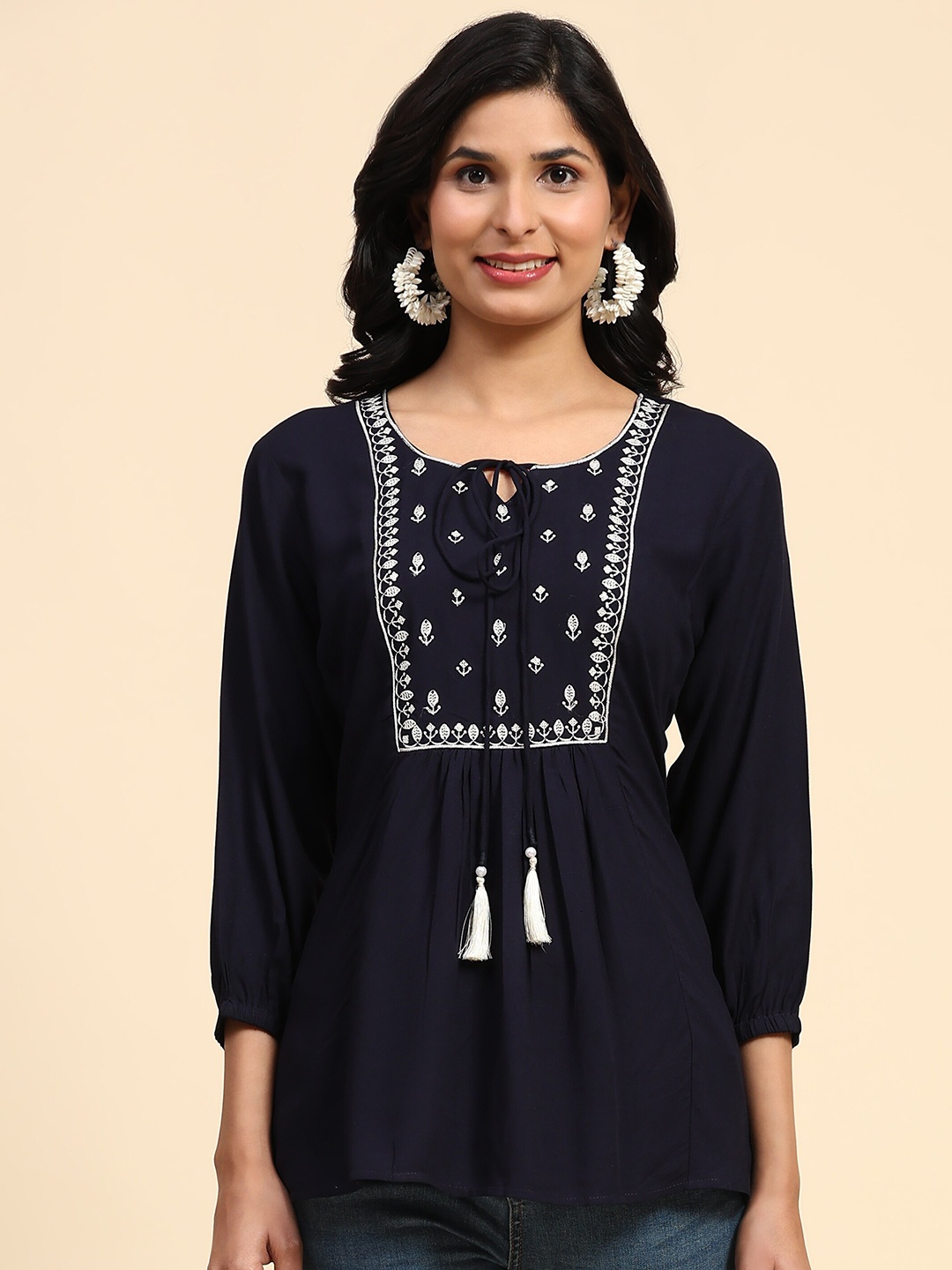 

BAESD Floral Embroidered Tie-Up Neck A-Line Pleated Top, Navy blue