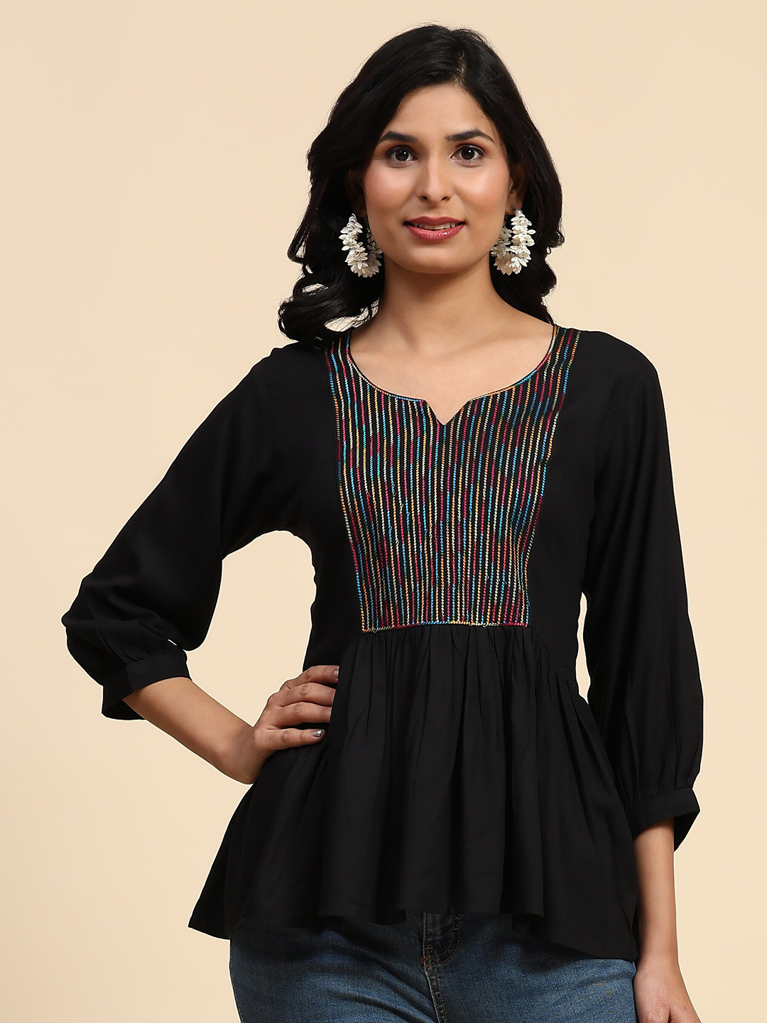 

BAESD Geometric Print Cuffed Sleeves A-Line Pleated Top, Black