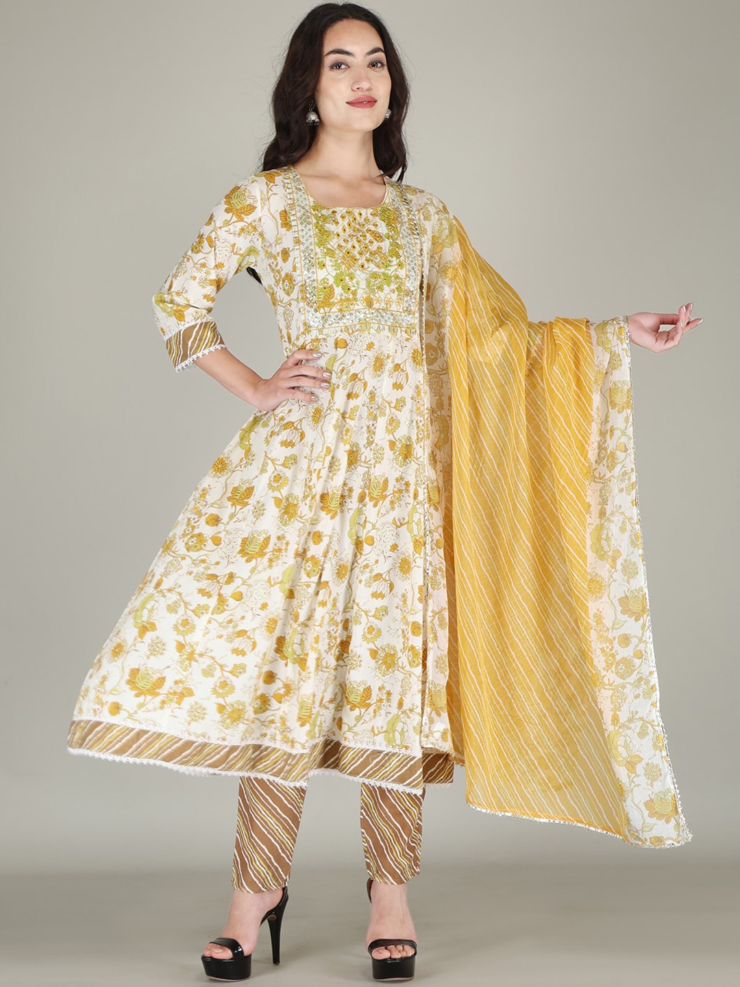 

PARTHVI Floral Printed Mirror Work Anarkali Kurta With Trousers & Dupatta, Yellow