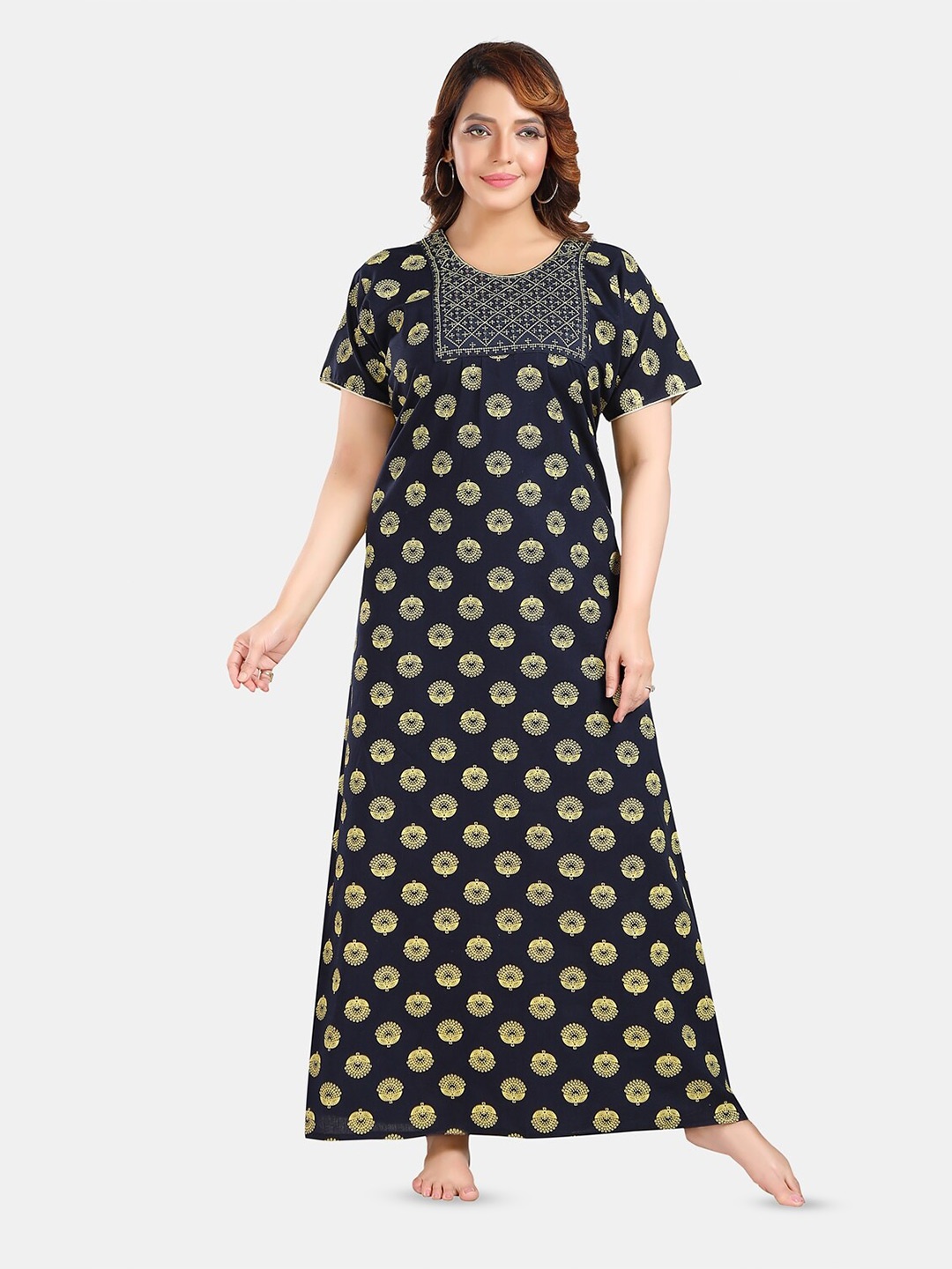 

Fabme Ethnic Printed Embroidered Maxi Nightdress, Navy blue