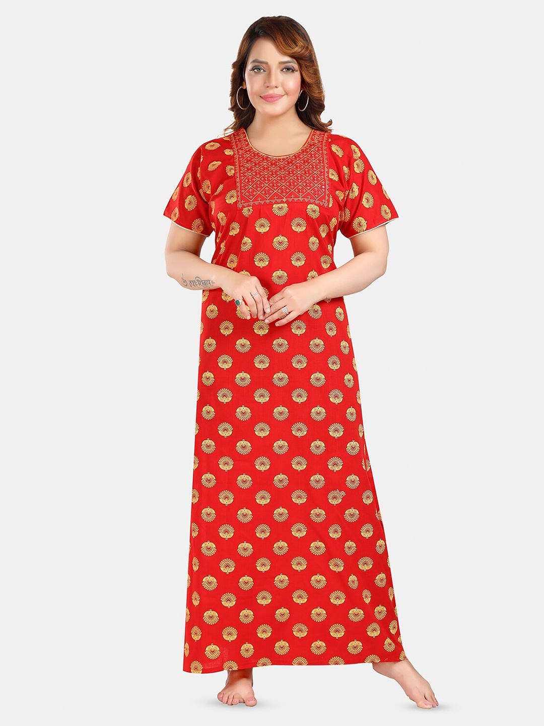 

Fabme Floral Printed Embroidered Maxi Nightdress, Red