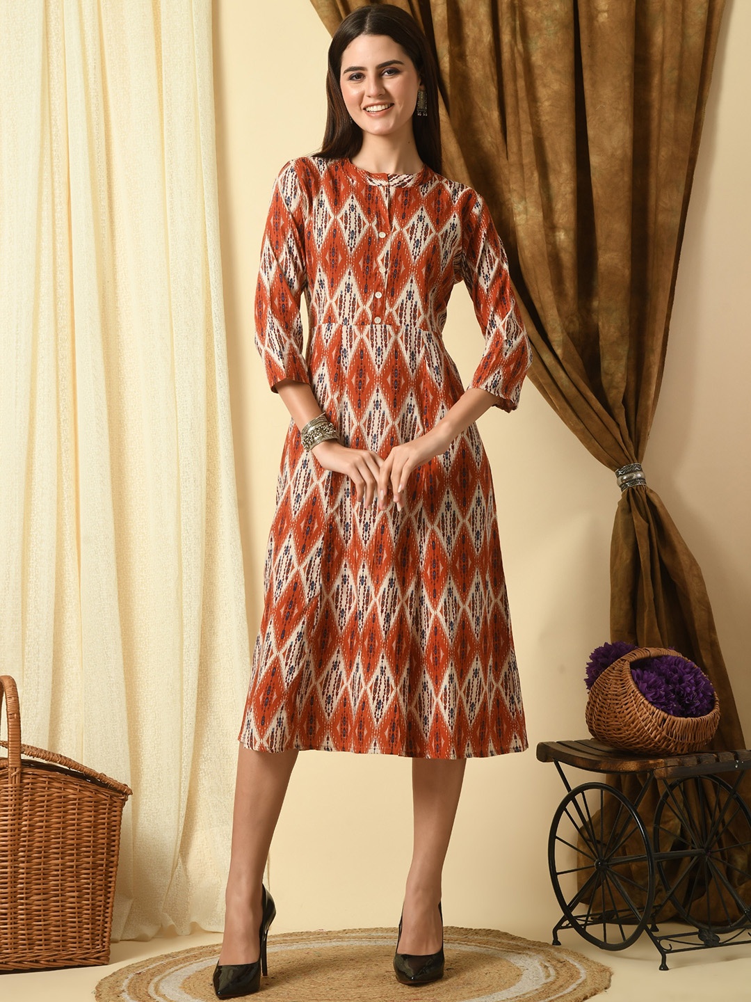 

KALINI Ethnic Motifs Printed A-Line Dress, Red