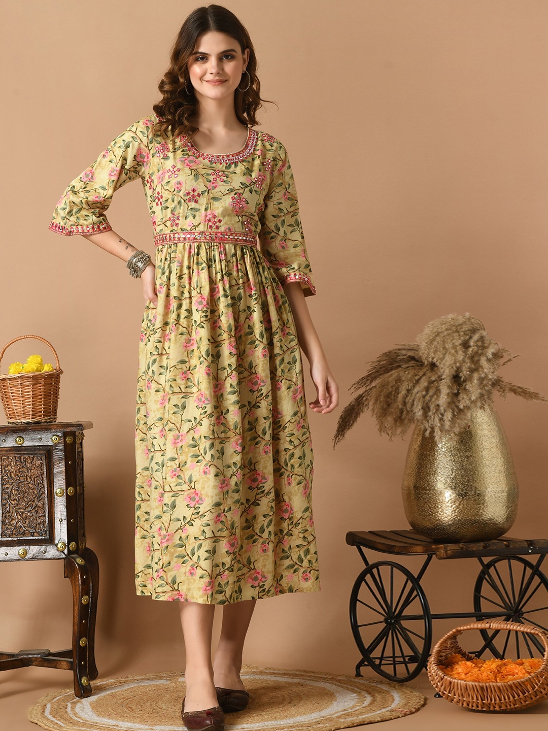 

KALINI Ethnic Motif Embroidered Fit & Flare Midi Dress With Belt, Yellow