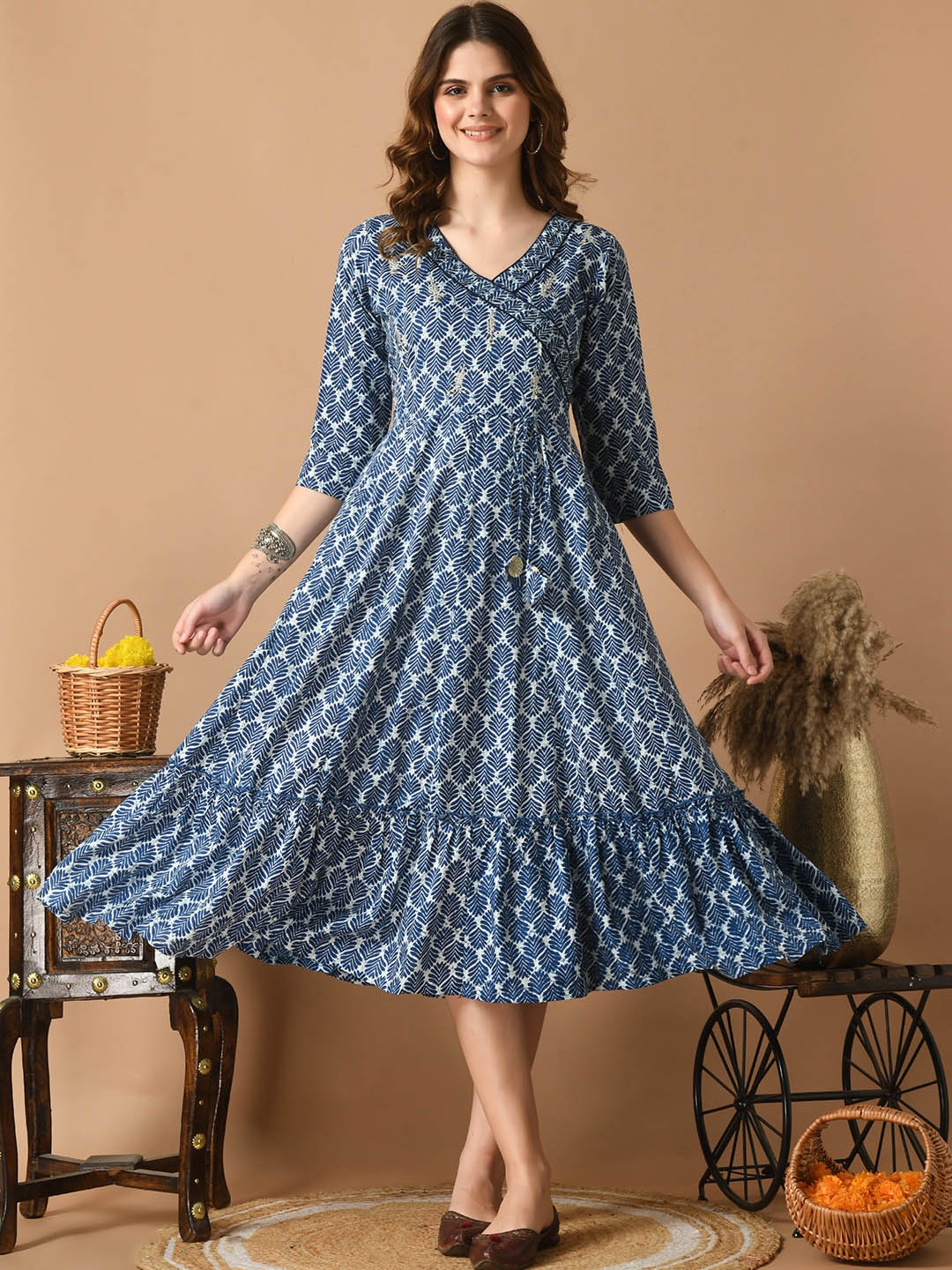 KALINI Ethnic Motifs Printed Cotton Mirror Work Anarkali Kurta, Blue