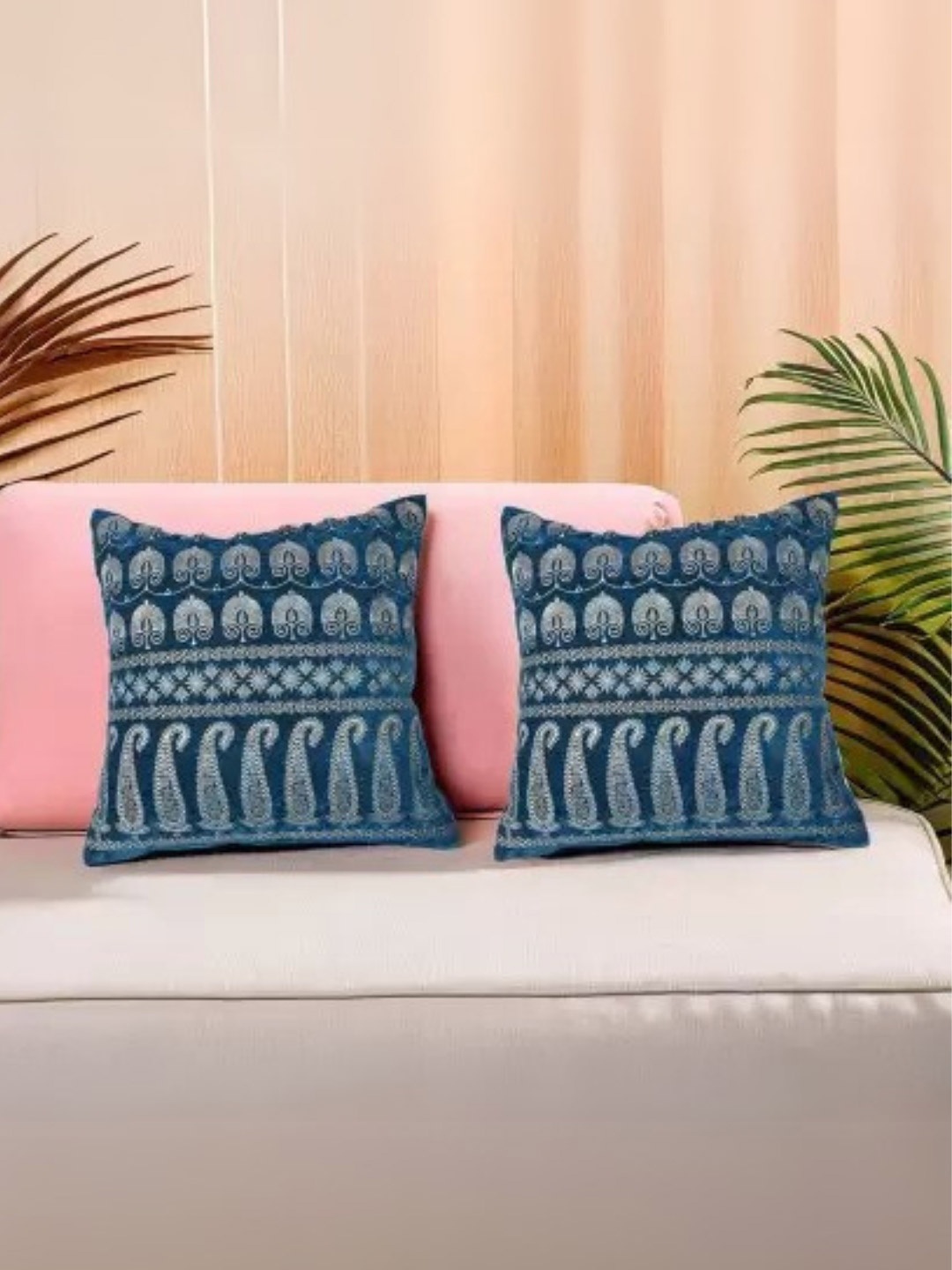 

Decoghar Turquoise 2 Pieces Embroidered Square Cushion Covers, Turquoise blue