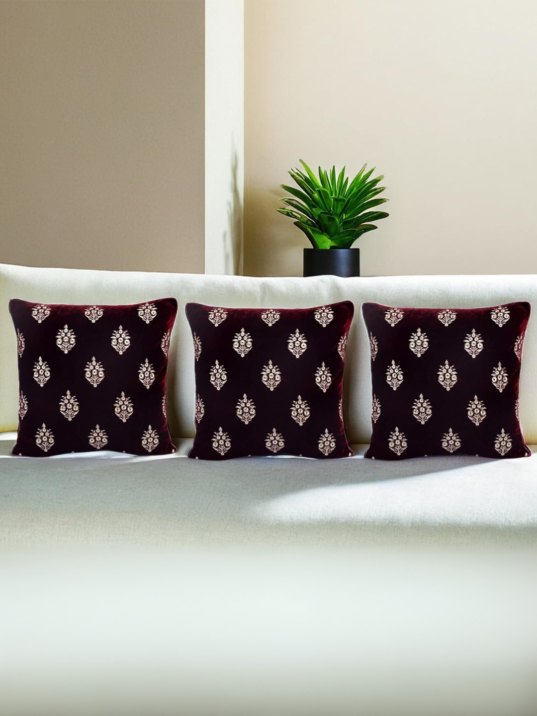 

Decoghar Wine Ethnic Embroidered 3 Pieces Square Cushion Covers, Maroon