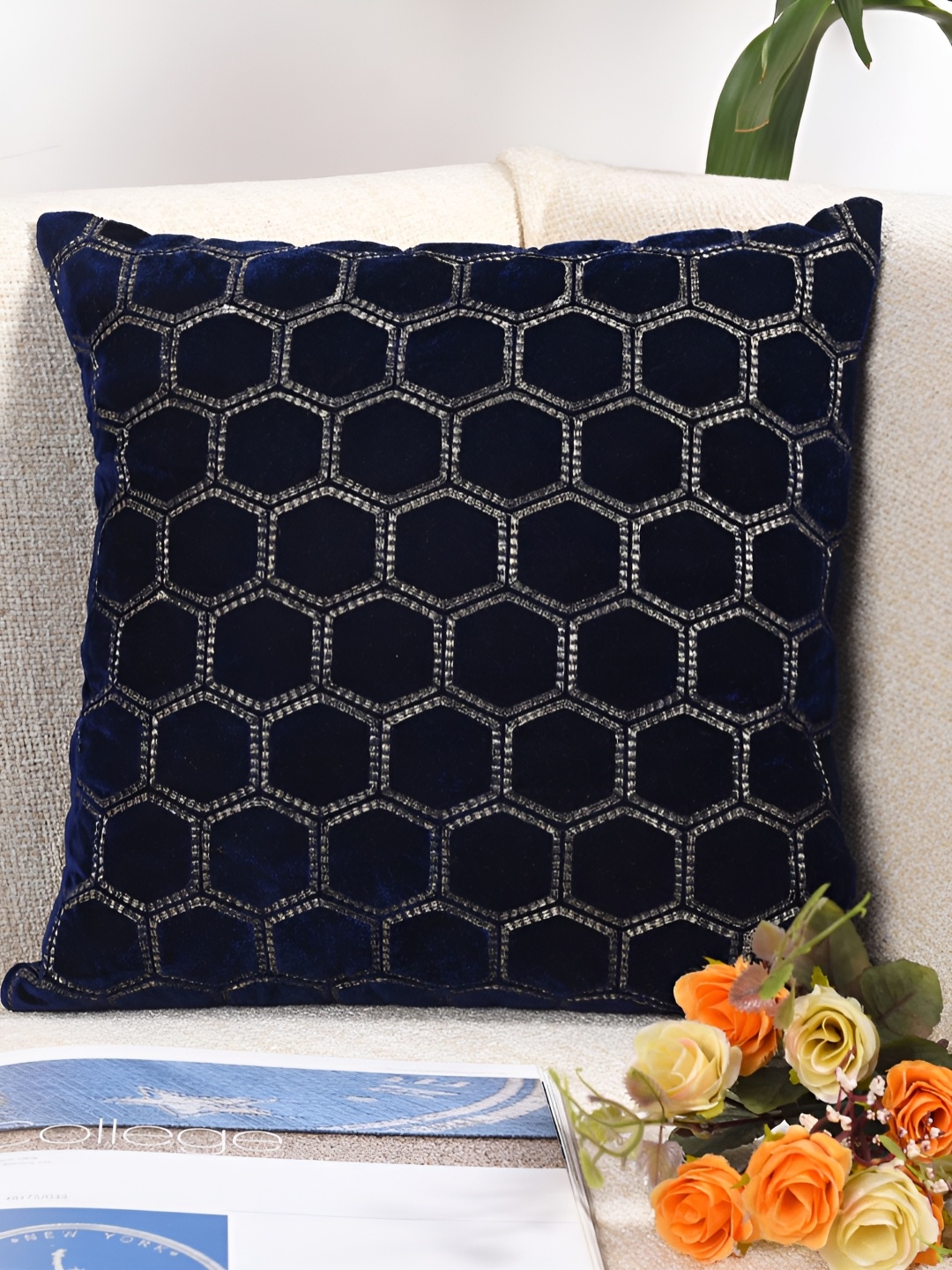

Decoghar Blue 5 Pieces Geometric Square Cushion Covers, Navy blue