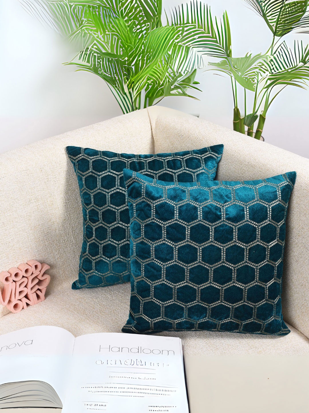 

Decoghar Turquoise 3 Pieces Embroidered Square Cushion Covers, Turquoise blue