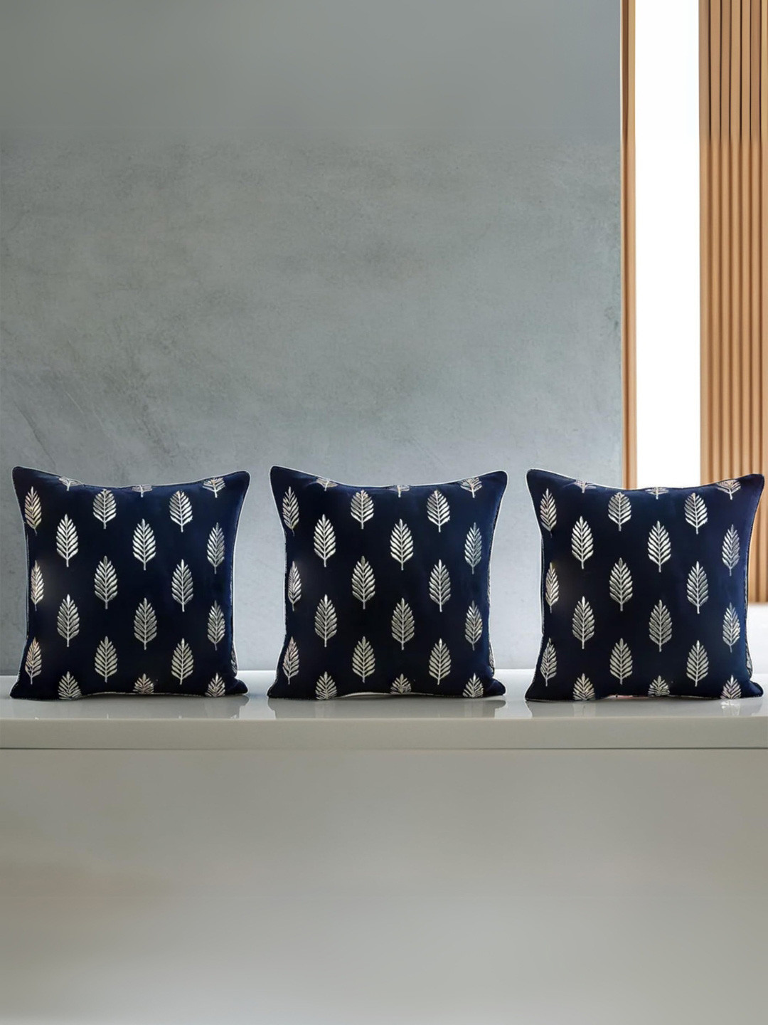 

Decoghar Blue Ethnic Embroidered 3 Pieces Square Cushion Covers, Navy blue
