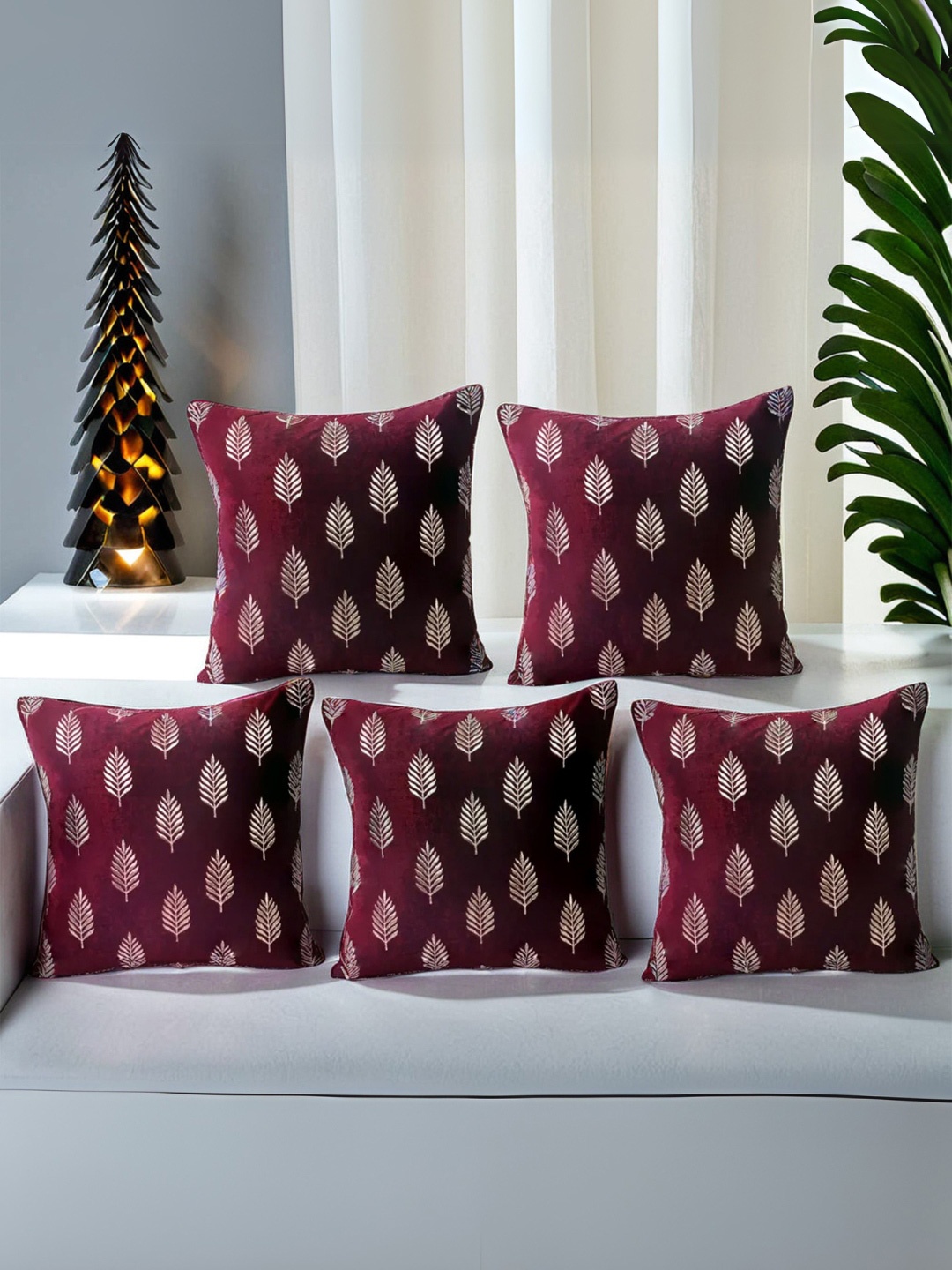 

Decoghar Wine Ethnic Embroidered 5 Pieces Square Cushion Covers, Burgundy