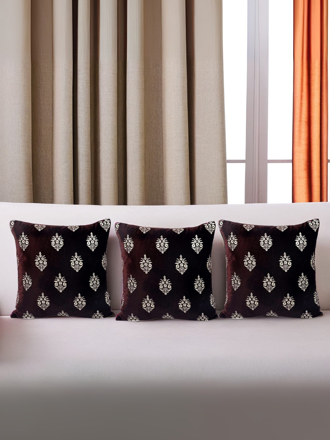 

Decoghar Brown Ethnic Embroidered 3 Pieces Square Cushion Covers