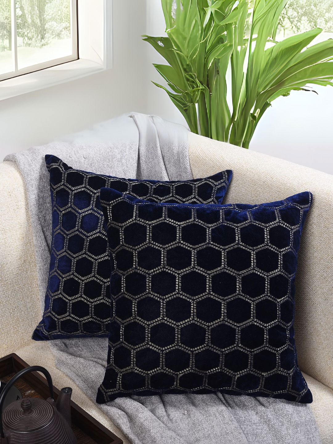 

Decoghar Blue 2 Pieces Zari Embroidered Square Cushion Covers, Navy blue