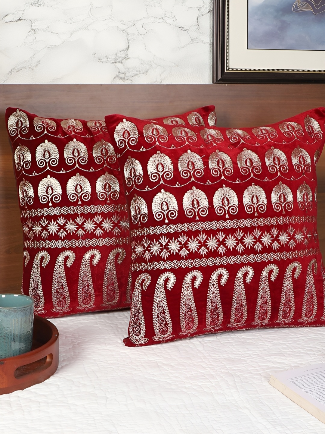 

Decoghar Maroon 2 Pieces Embroidered Square Cushion Covers