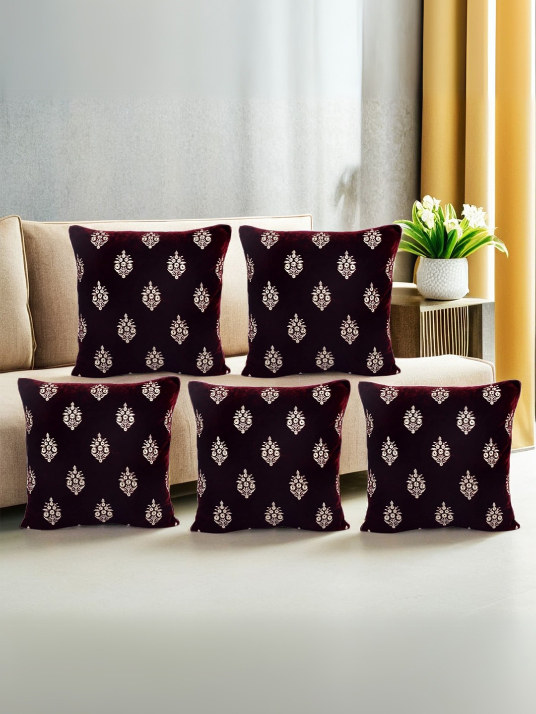 

Decoghar Wine Ethnic Embroidered 5 Pieces Square Cushion Covers, Burgundy