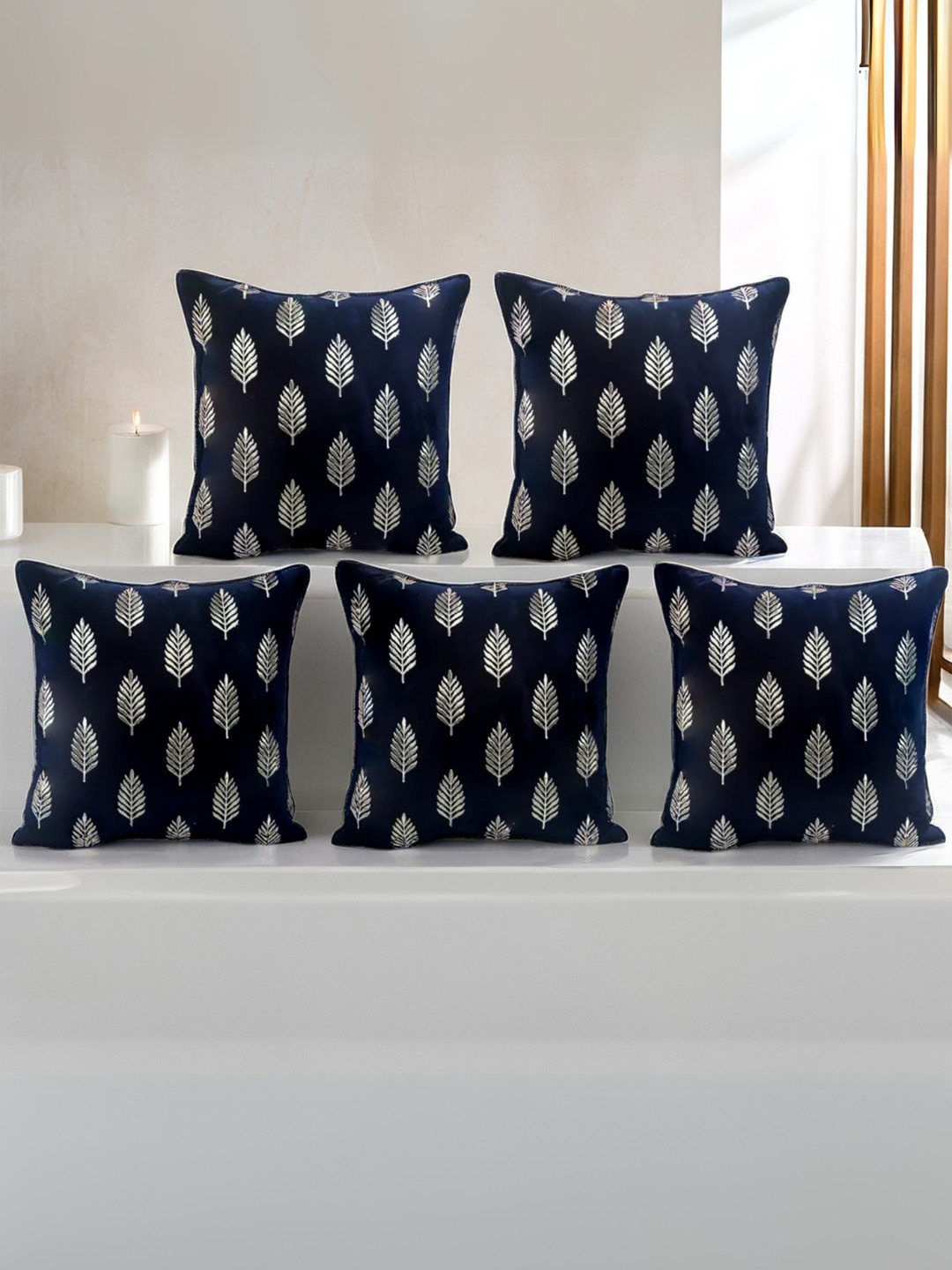 

Decoghar Blue Ethnic Embroidered 5 Pieces Square Cushion Covers, Navy blue