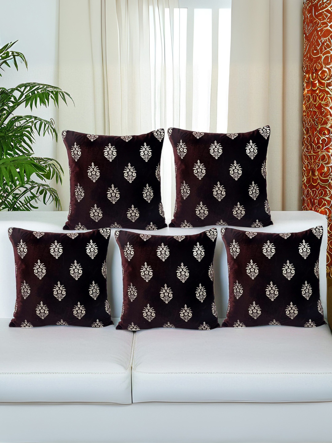 

Decoghar Brown 5 Pieces Floral Embroidered Square Cushion Covers