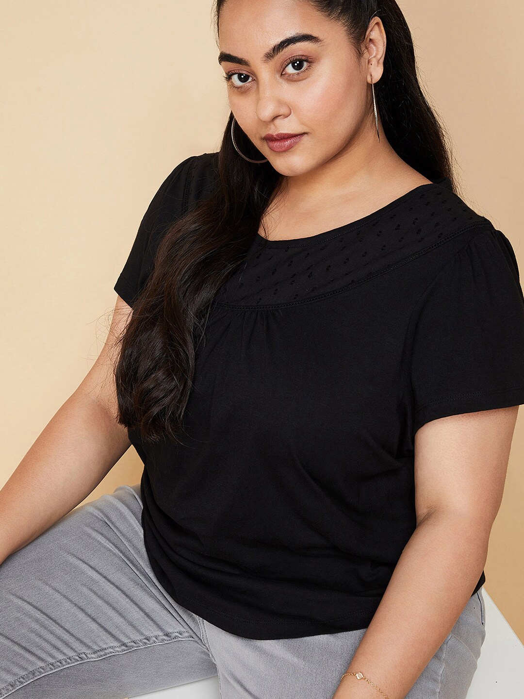 

max Plus Size Round Neck Short Sleeves Cotton T-shirt, Black