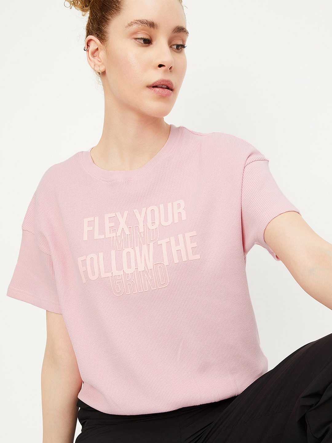 

max Women Typography Printed Pockets T-shirt, Pink