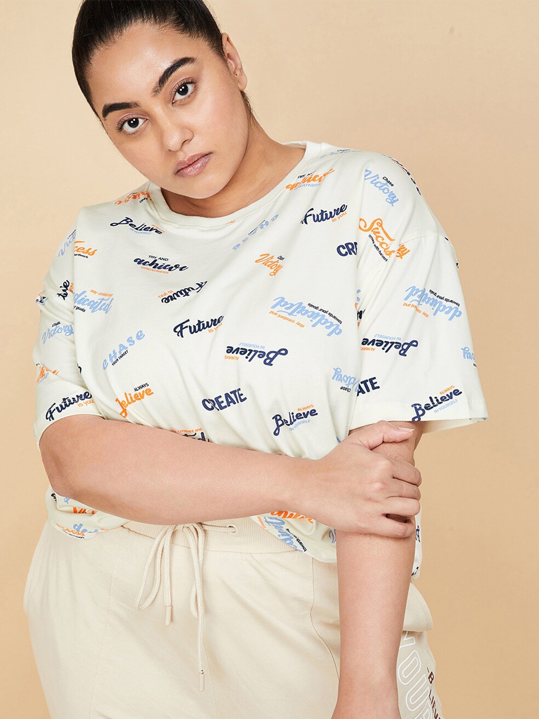 

max Plus Size Round Neck Printed Cotton T-shirt, Beige