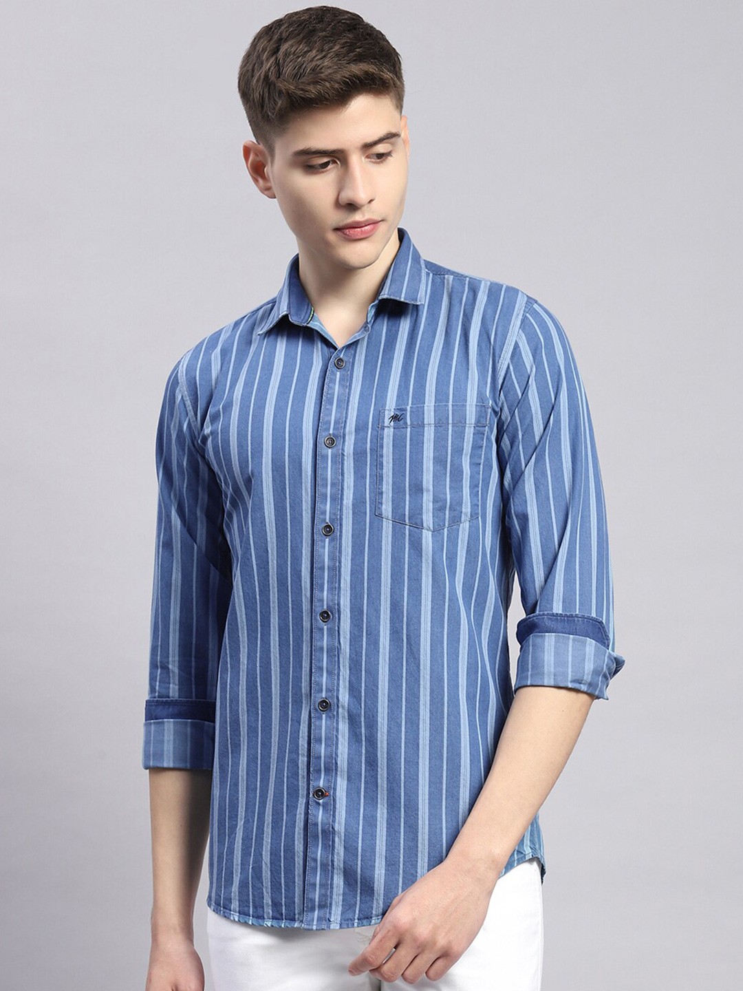 

Monte Carlo Classic Slim Fit Opaque Striped Cotton Casual Shirt, Blue